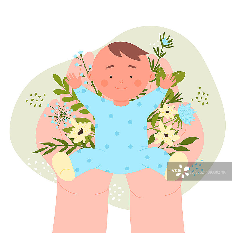 双手捧着新生男婴和鲜花植物图片素材