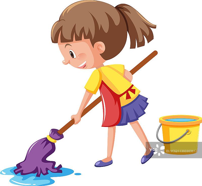 女孩在白色背景上拖地图片素材