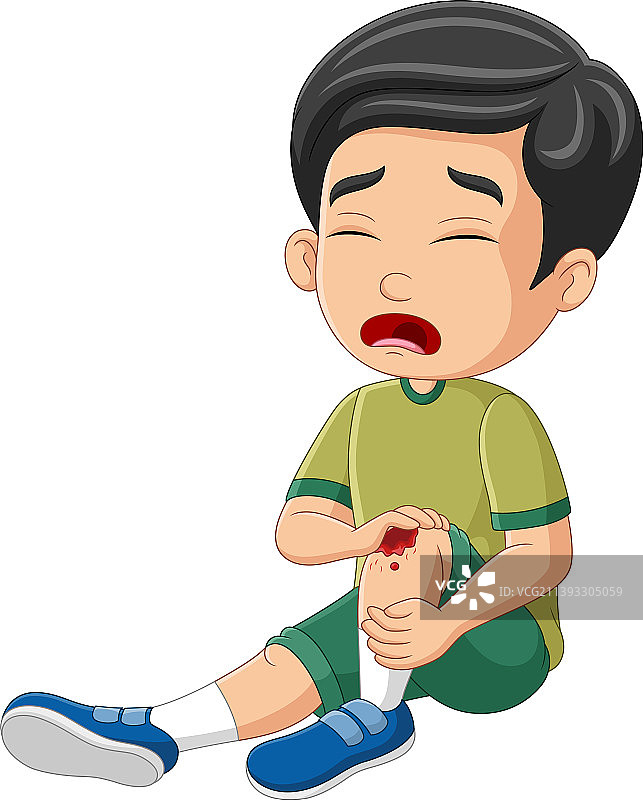 卡通⼩男孩哭着擦伤了膝盖图片素材