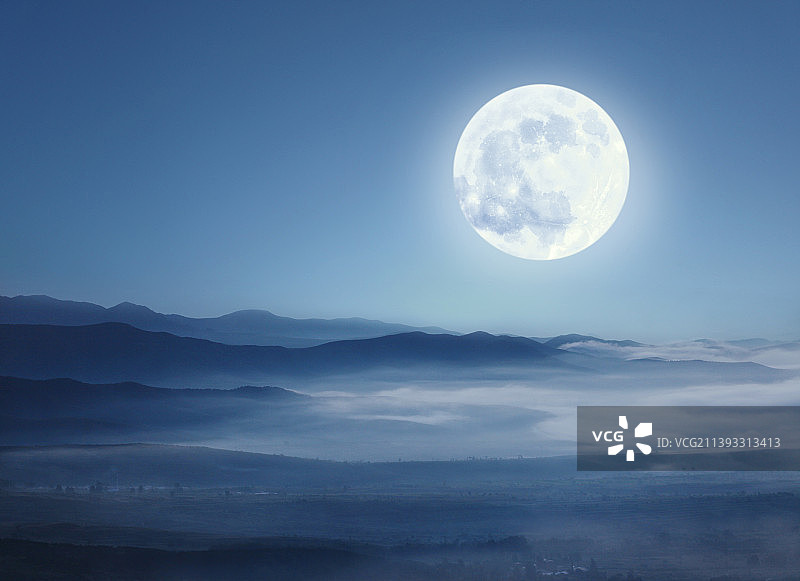 满月,山脉,神秘,写意,中国画图片素材