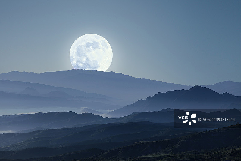 满月,山脉,神秘,写意,中国画图片素材