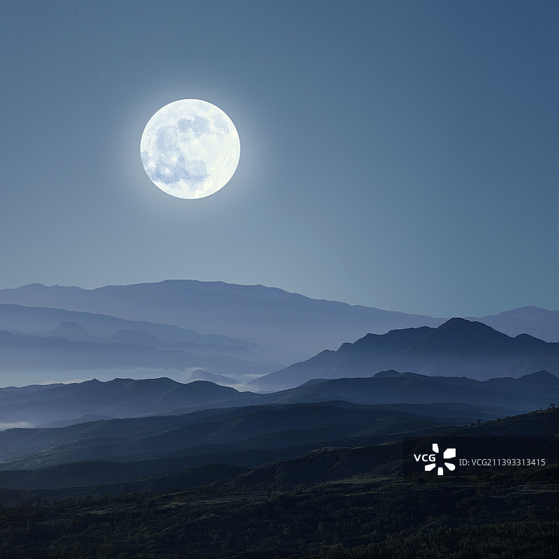 满月,山脉,神秘,写意,中国画图片素材