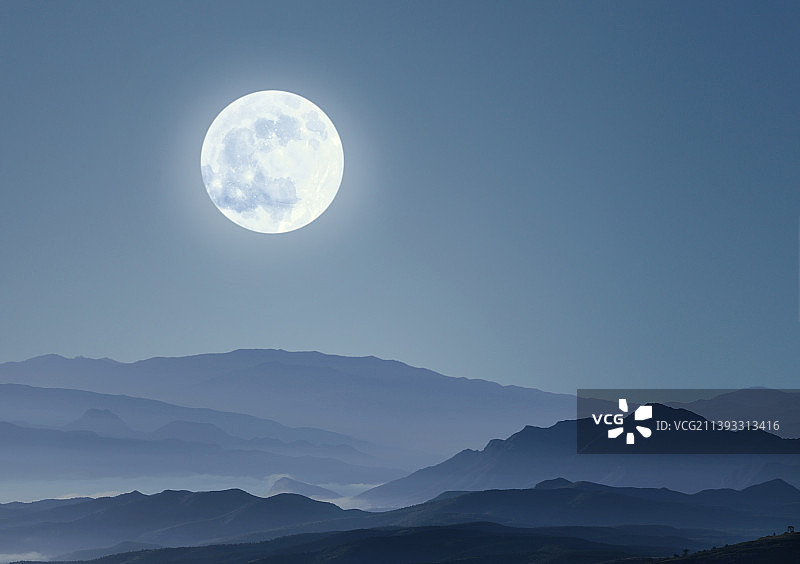 满月,山脉,神秘,写意,中国画图片素材