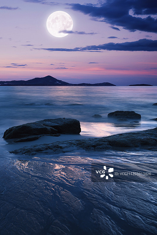 满月,海滩,曙暮光,七夕节,浪漫图片素材