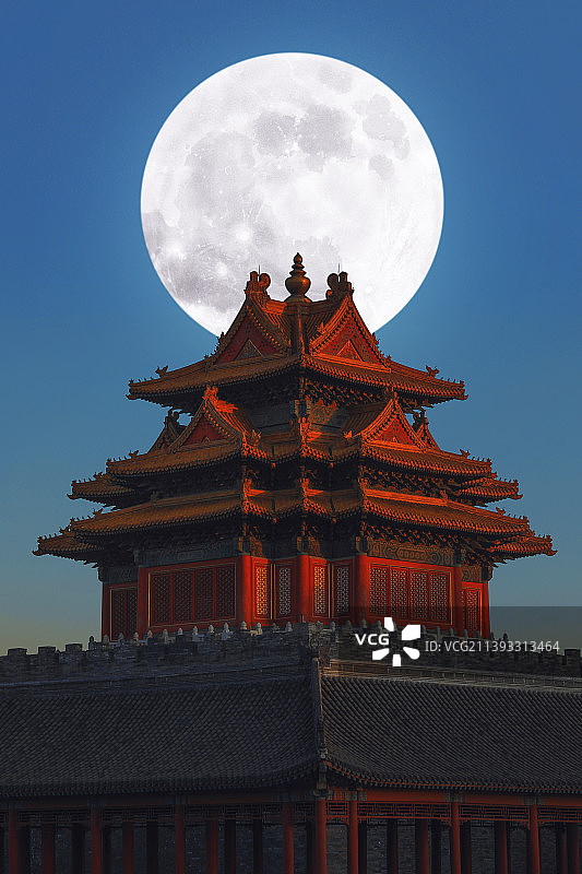 一轮巨大的满月与故宫角楼特写图片素材