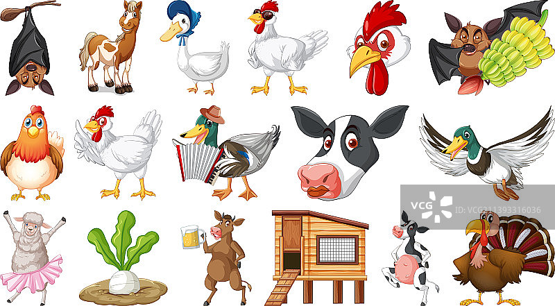 白色背景上的许多农场动物图片素材