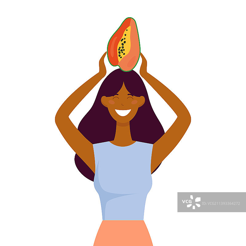 年轻微笑的黑人妇女头顶木瓜图片素材