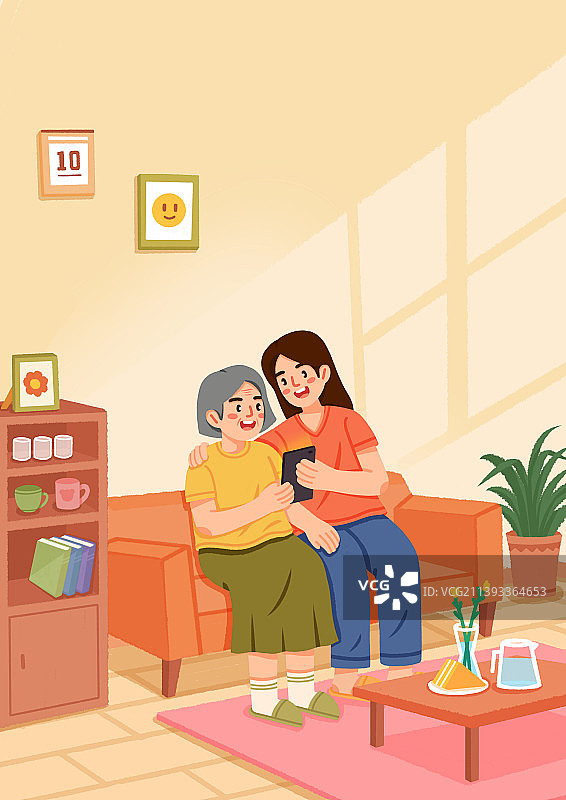 坐在沙发上的女人教母亲如何使用手机图片素材