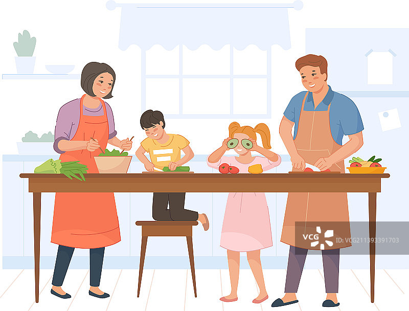 全家一起准备沙拉图片素材