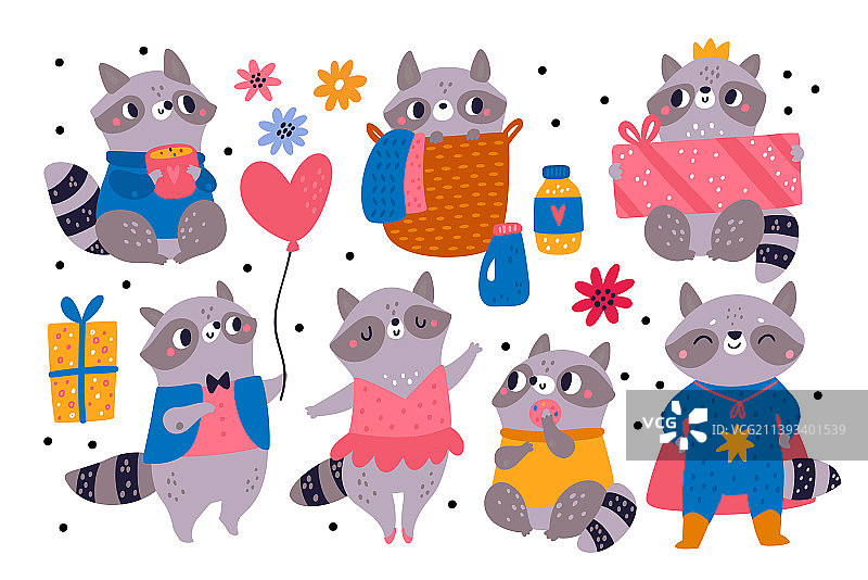 穿着衣服的可爱卡通趣味浣熊图片素材