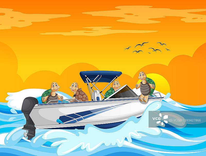 海龟在快艇上的海洋场景图片素材