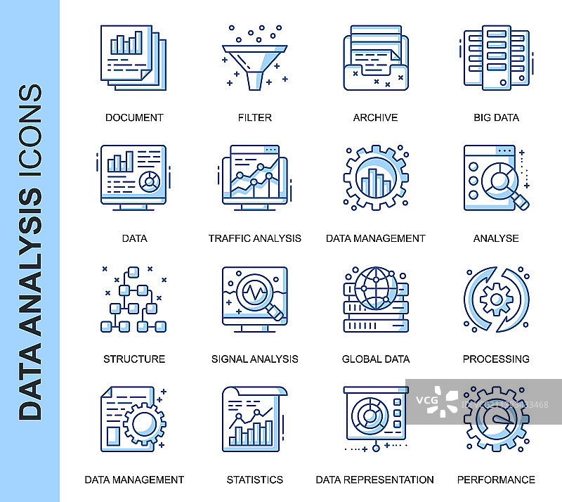 细线条数据分析相关图标集图片素材