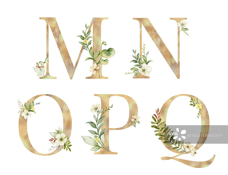 金色花卉字母M、N、O、P图片素材
