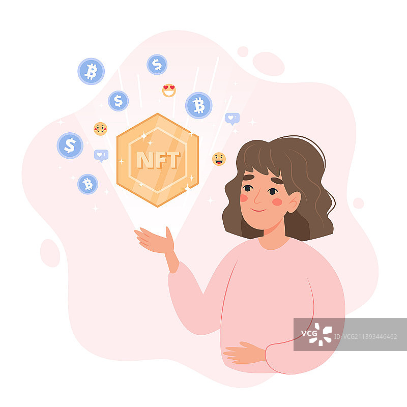 NFT代币概念-女人拿着非同质化代币图片素材