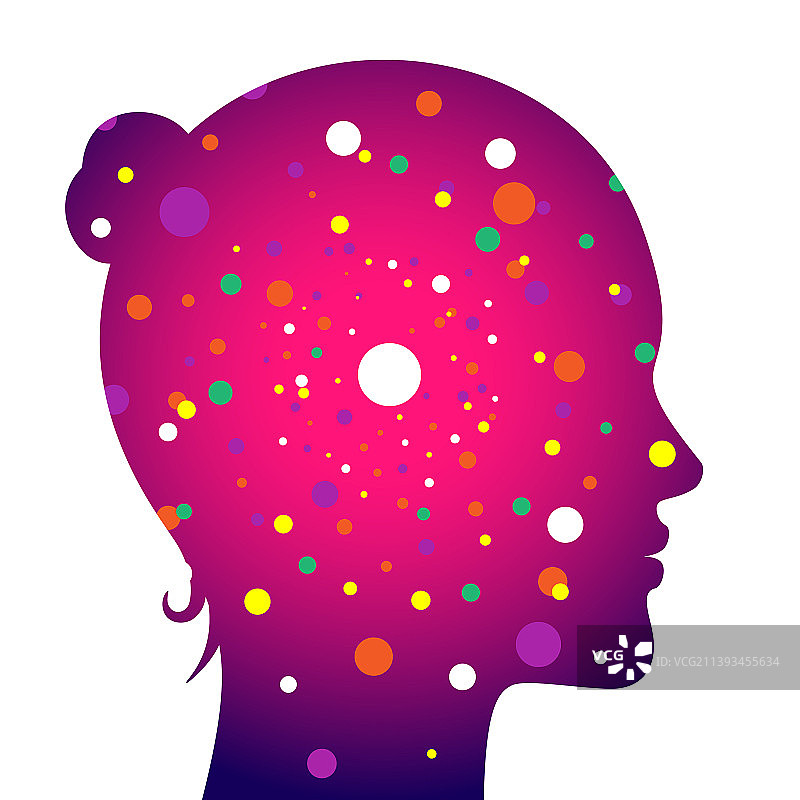 女性头部概念中的彩色点状粒子图片素材