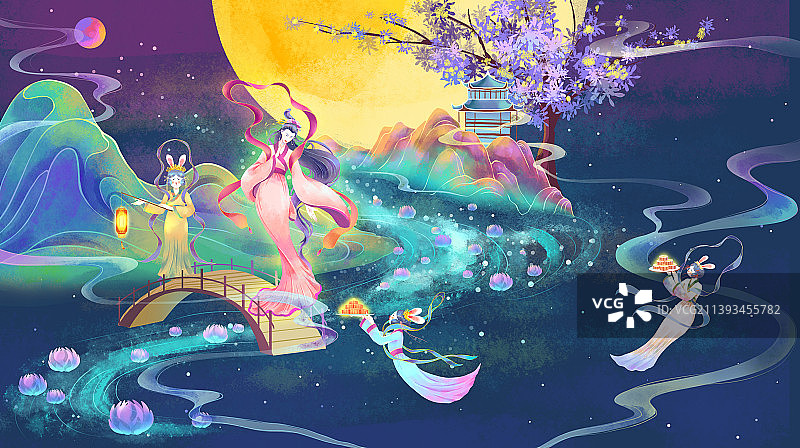 嫦娥与玉兔们在天宫庆祝中秋节图片素材