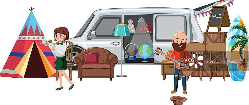 男人在跳蚤市场弹吉他图片素材