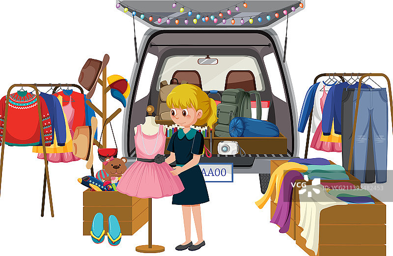 女人在旧货市场看连衣裙图片素材