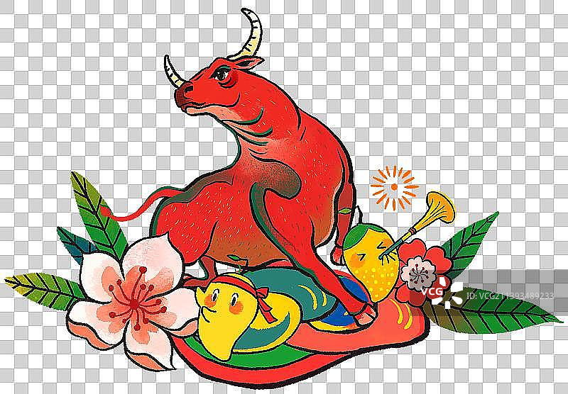 喜庆红牛桃花芒果牛气冲天图片素材