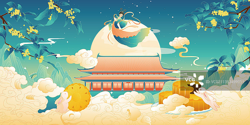 传统节日中秋节花好月圆矢量海报图片素材