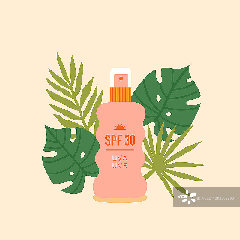 热带树叶中的防晒喷雾SPF乳液图片素材