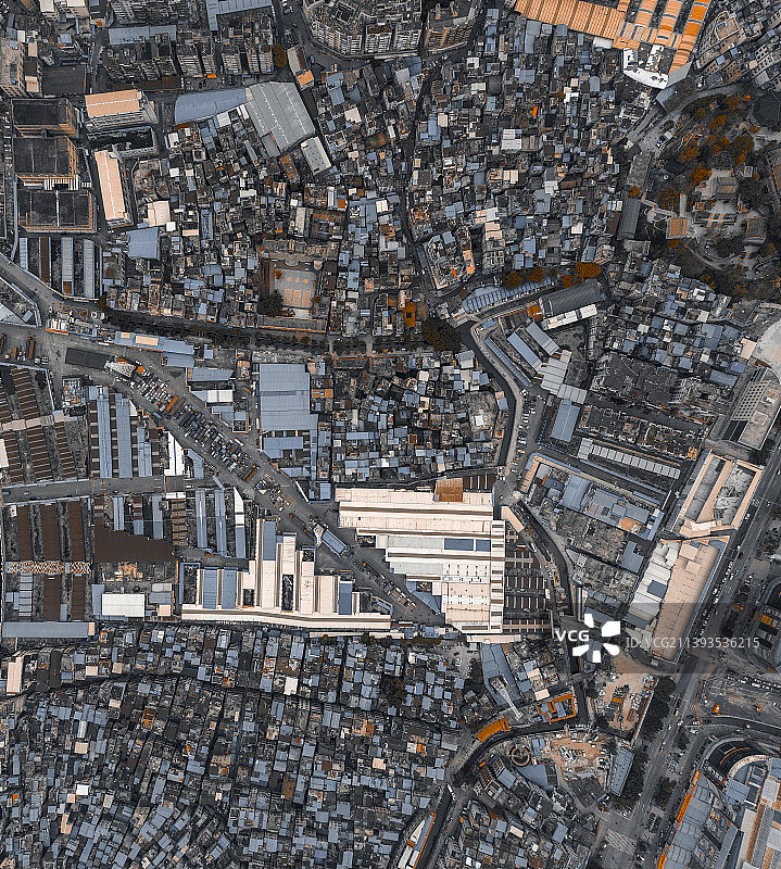 中国广东广州，航拍海珠区的城市、城乡结合部和布匹批发市场图片素材