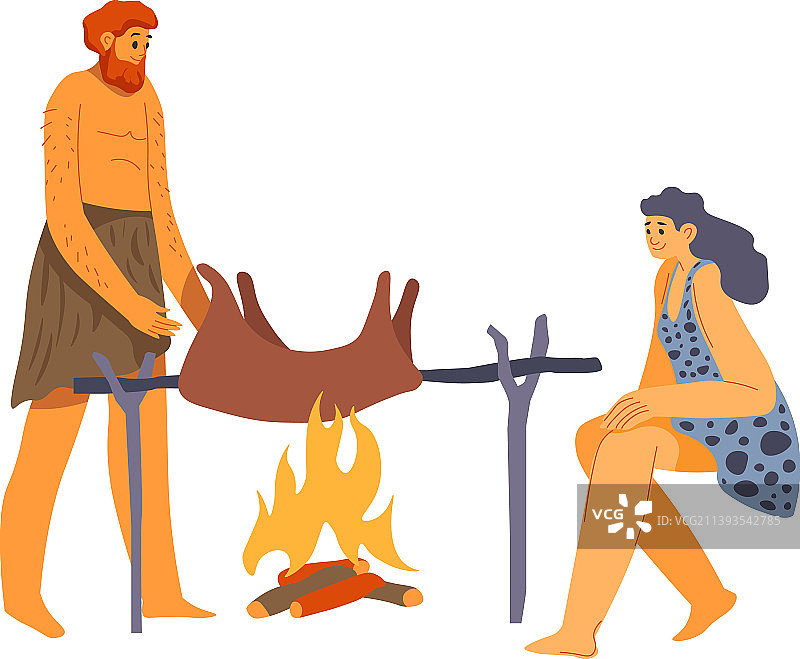 古代人在篝火上烹饪图片素材