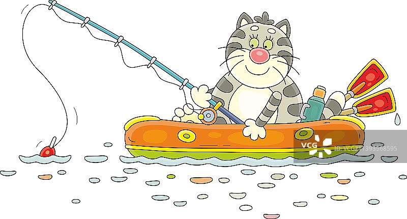 有趣的灰色条纹猫渔夫在船上图片素材