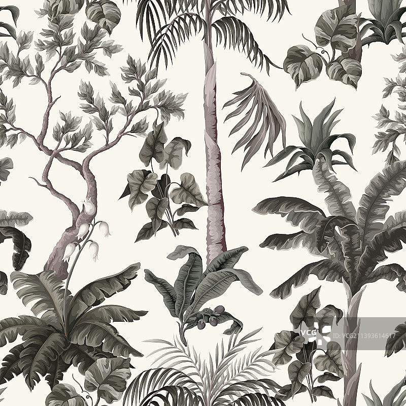 复古树木和棕榈树无缝图案图片素材