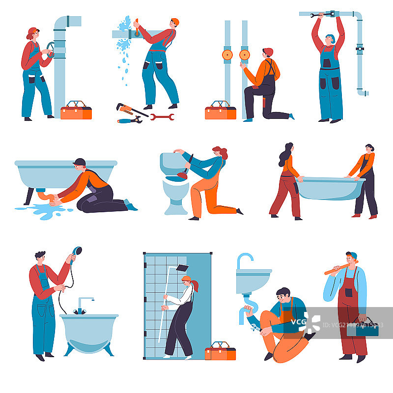 水管工修理水槽、浴缸和漏水管道图片素材