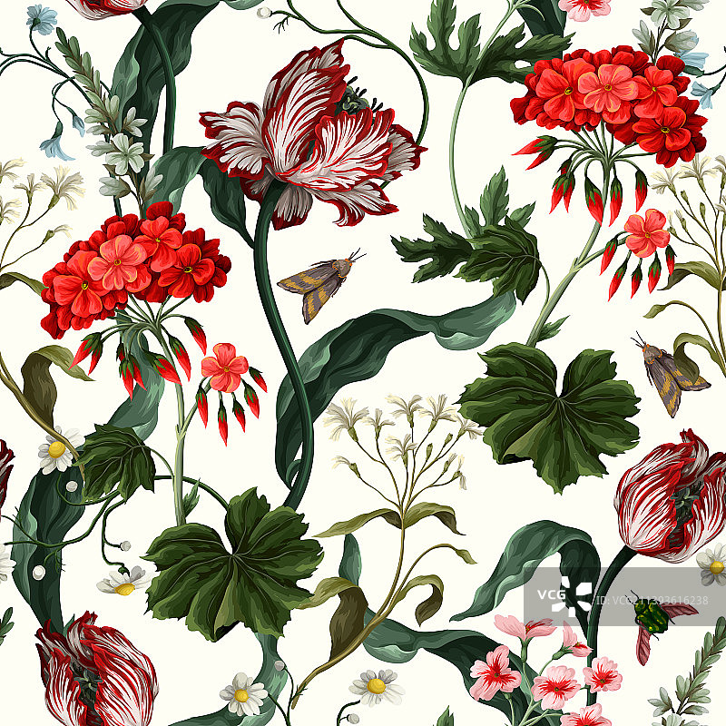 郁金香天竺葵与昆虫无缝图案图片素材