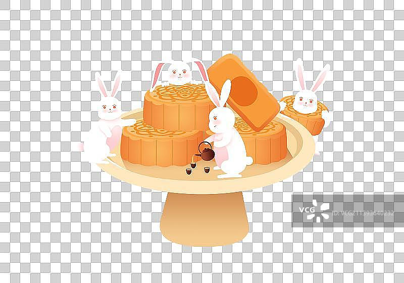 四只可爱的兔子在一盘月饼上中秋节插画元素图片素材