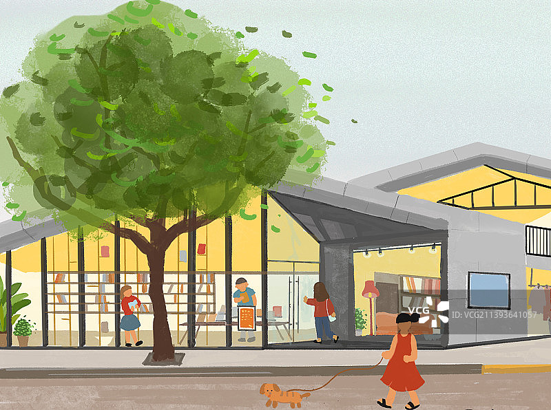 生活邻里街区手绘治愈插画图片素材