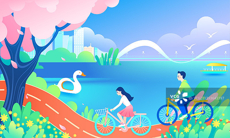 春天湖边花丛男女骑自行车运动健康生活插画图片素材