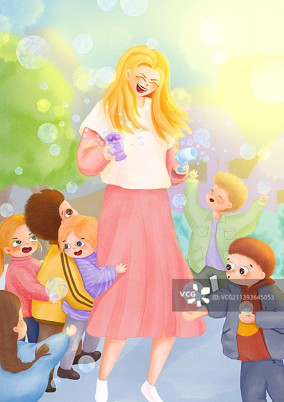 幼儿园老师和孩子们-教师职业插画图片素材