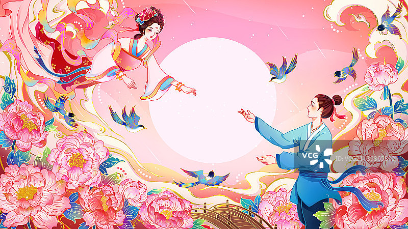 唯美国风七夕创意插画图片素材