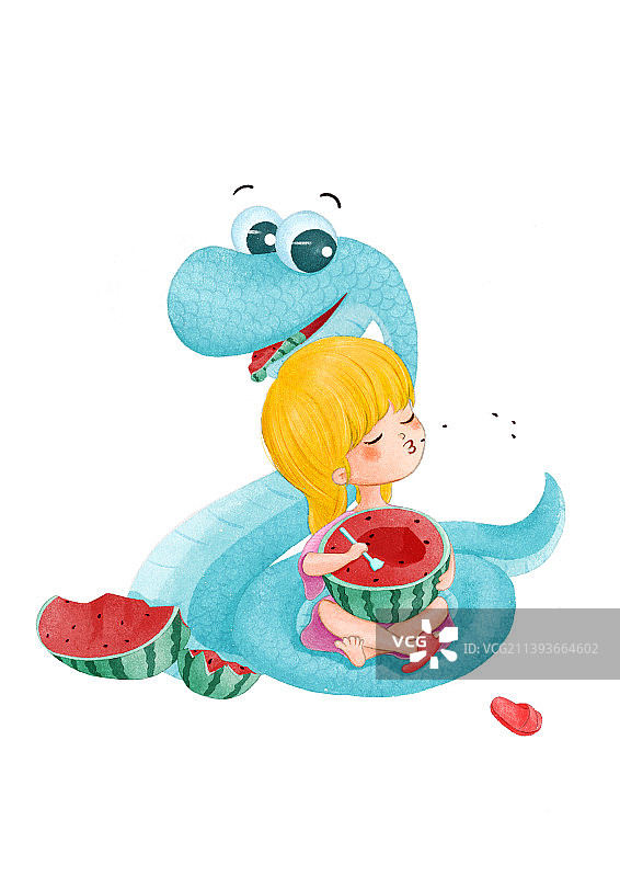 Q版生肖插画故事-夏天里吃西瓜的蛇蛇和女孩图片素材