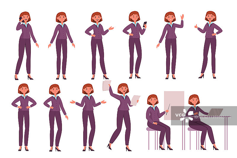 在专业办公室摆姿势的卡通商务女性图片素材