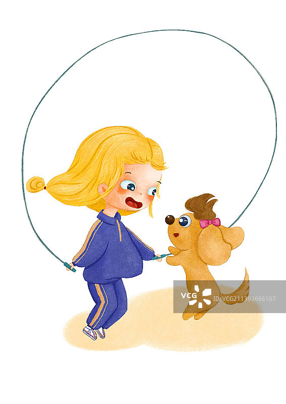 Q版生肖插画故事-女孩和狗狗一起跳绳图片素材