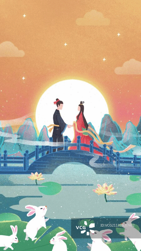 中国风七夕节桥梁上牵手赏月的牛郎织女视频图片素材