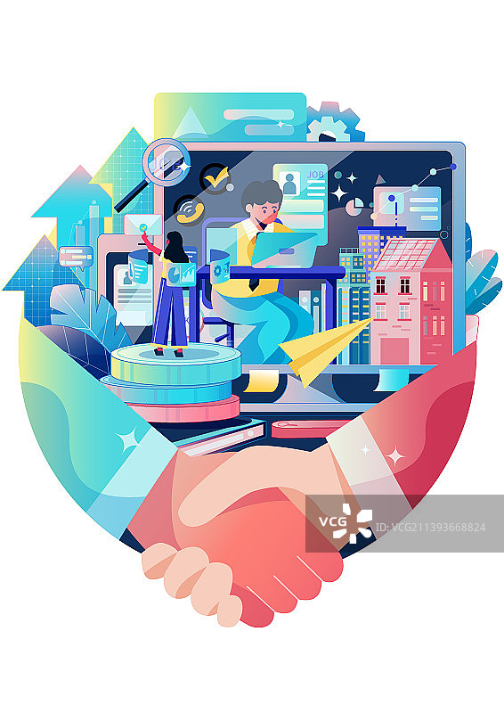 毕业就业找工作握手AI矢量创新合作插画图片素材