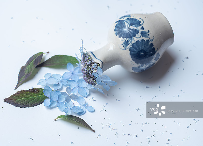 花瓶倾倒在桌上，鲜花散落的特写图片素材