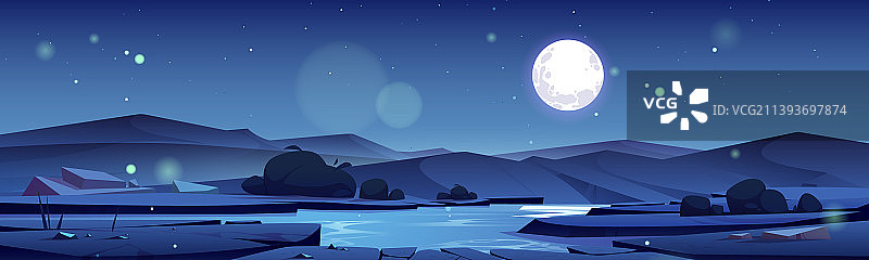 夜晚的夏季山谷：河流与群山图片素材