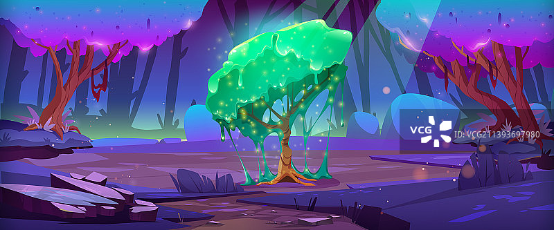 绿色黏液滴落的魔法森林树木图片素材