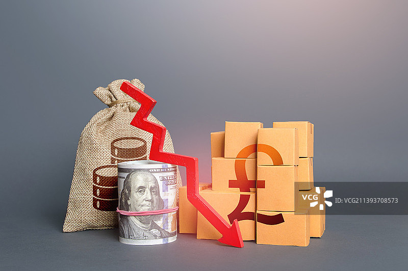 英镑货币与商品及下降箭头图片素材