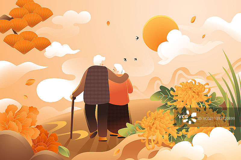 卡通秋季立秋重阳节秋天亲子游老年夫妻养老保险健康登高旅游城市古建筑自然风景渐变中国风古风国潮矢量插画图片素材