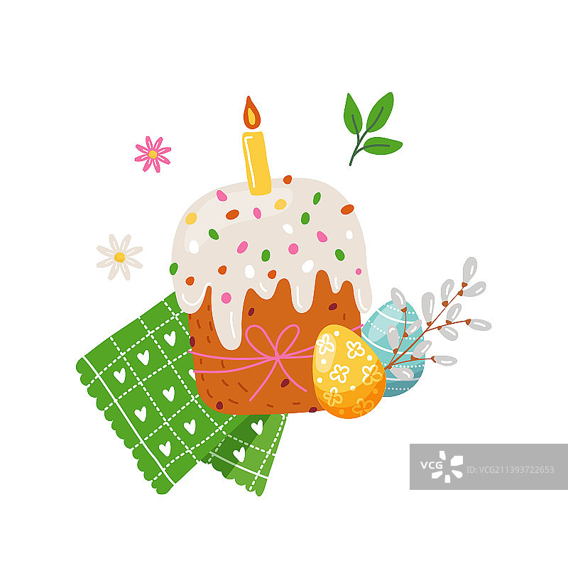 复活节蛋糕与彩色鸡蛋和厨房用巾图片素材