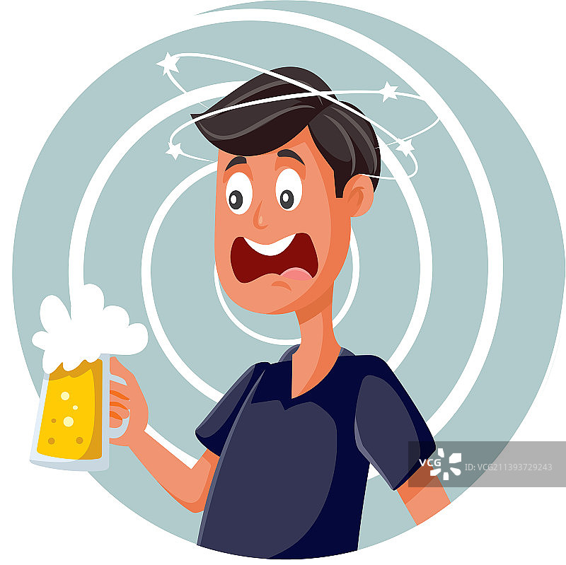 拿着啤酒杯感到头晕的醉酒男子卡通图片素材