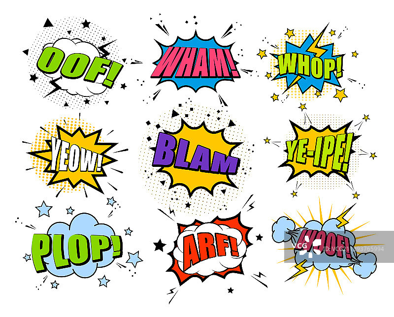 带模板短语的复古漫画语音气泡集合图片素材