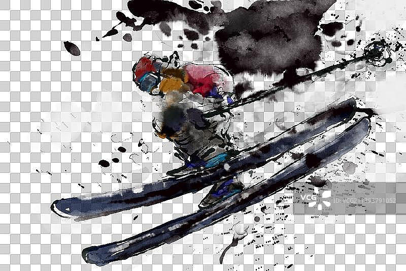 冬季滑雪运动水墨画图片素材
